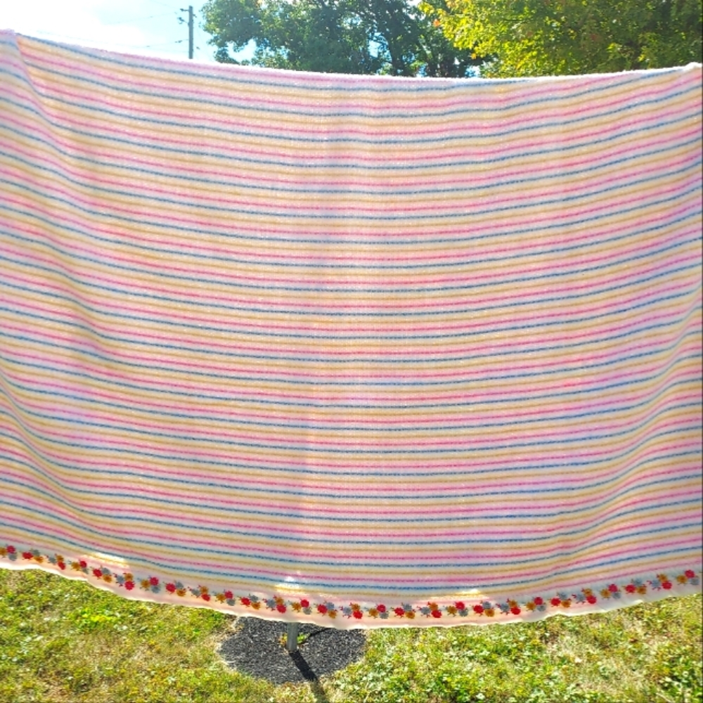 Vintage Esmond By Chatham Pastel Striped Embroidered Floral Nylon Trim Blanketl